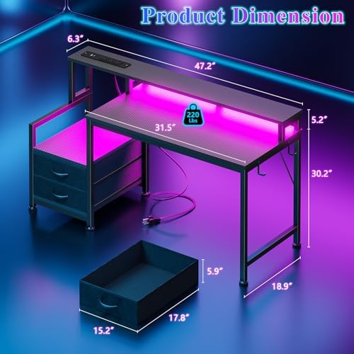 Furologee 47" Gaming Desk with LED Lights & USB-C Port, Carbon Fiber Black - Image 2