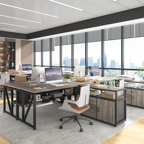 Tribesigns L Shaped Desk with Drawer Cabinet, 63" Executive Computer Desk and lateral File Cabinet, 2 Piece Home Office Furniture with Drawers for Hanging File, Doors with Locks (Gray, 63 inches) - Image 5
