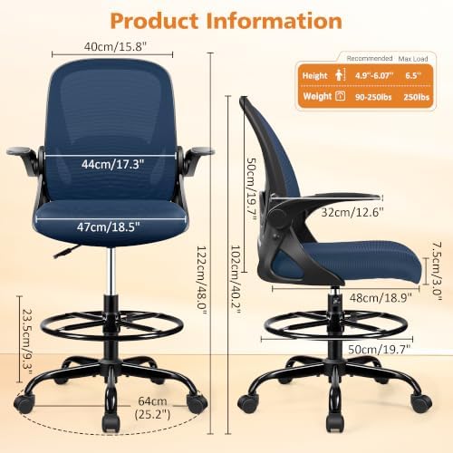 Drafting Chair Tall Office Chair with Flip-up Armrests, Adjustable Height, Enhanced Lumbar Support Ergonomic Rolling Stool, Back Support, Adjustable Foot Rest Ring for Standing Desk Navy - Image 3