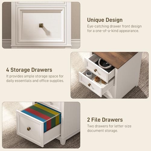 Vabches Farmhouse L Shaped Executive Desk with 6 Drawers, 59’’ Wood Home Office Desk with File Cabinet, Writing Corner Computer Desk for Home Office, Work, Study, White and Brown - Image 6