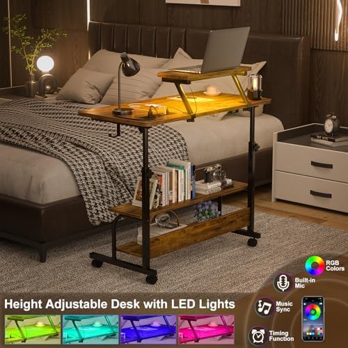 Height Adjustable Standing Desk with Power Outlets and LED Lights - 32" Manual Stand Up Desk with Monitor Stand and Storage Shelves Small Mobile Rolling Computer Desk Portable Laptop Table, Rustic - Image 5