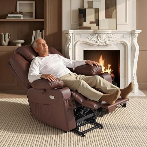 MCombo Large Power Lift Recliner Chair with Massage and Heat for Tall Elderly People, 3 Positions, Cup Holders, and USB Ports, Faux Leather 7516 (Large, Light Brown) - Image 2