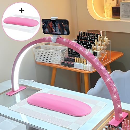 Half Moon Light for Nail Desk - 29-inch LED Nail Tech Lamp with Hands Pillow, Phone Holder，Dimmable Arch Design,48W Portable Manicure Light for Salon and Home Use（Pink-Pink Diamond） - Image 2