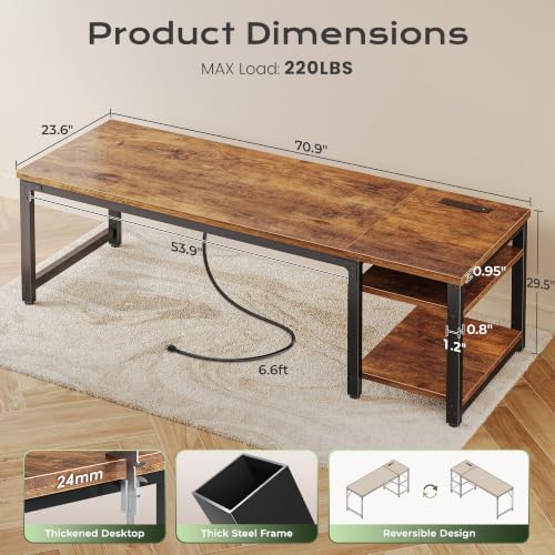 Huuger 71'' x 23.6'' Computer Desk with Power Outlets, 0.95'' Thick Desktop - Image 2