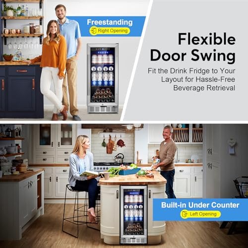 Beverage Refrigerator 15 Inch Wide, Upgrade Beverage Cooler With Glass Door,90 Can Beverage Fridge Capacity, Built-In Or Freestanding, Temperature Memory, Reversible Door, Perfect For Soda, Beer - Image 3