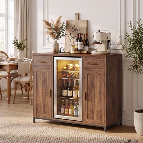 Unikito Coffee Bar Cabinet with Mini Fridge Space & Power Outlet, Walnut - Image 3