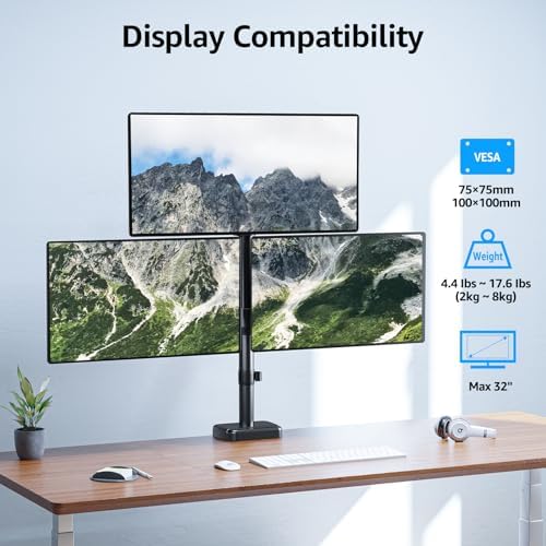 MOUNTUP Triple Monitor Mount Fits Max 32 Inch Screen, Holds 4.4-17.6lbs, 3 Monitors Desk Mount, Triple Monitor Stand for Desk, Adjutable Arm with Clamp/Grommet Base, for Home Office, 75x75/100x100 - Image 2