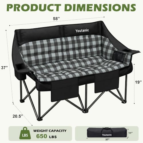 Youtanic Double Camping Chair, Heavy Duty 650lbs Padded Loveseat for Adults - Image 2