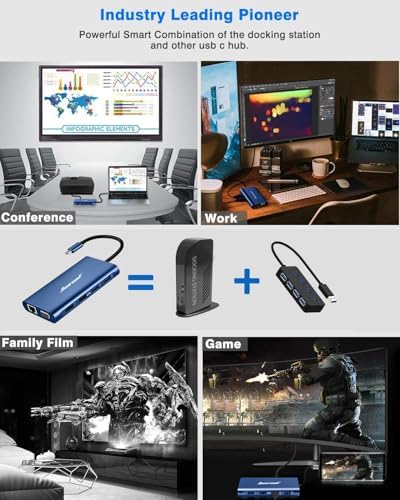 Hiearcool USB C Docking Station, 11-in-1 Dock, HDMI, VGA, Ethernet, Blue - Image 4