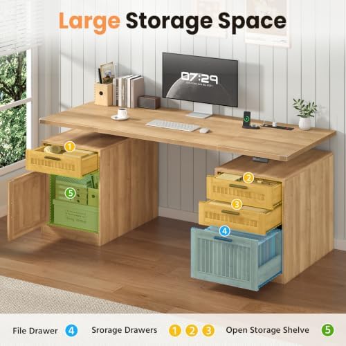 60" Fluted Electric Standing Desk with Drawers for Home Office, Oak - Image 3