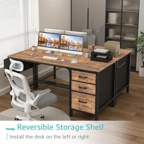 Lufeiya Computer Desk with Fabric File Drawers Cabinet, 55 Inch Reversible Home Office Desks with Filing Cabinet for Small Space, Study Writing Table PC Desks with Storage for Bedroom, Rustic Brown - Image 4