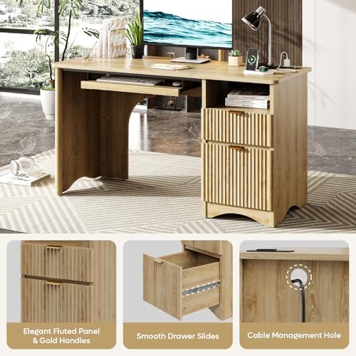 Bestier Computer Desk with Drawer, 55 inch Office Desk with Power Outlet, Modern Home Office Desk with Keyboard Tray (Natual Oak, 55" W with Single-Sided Drawers) - Image 6