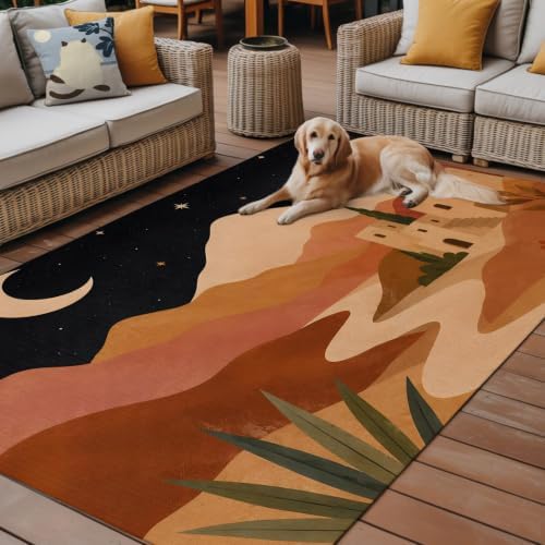 Boho Desert Night 3x5 Waterproof Outdoor Rug with Non‑Slip Backing Celestial Sky Stars Village Houses Machine Washable Deck Patio Rug Mat for Camping, RV, Garden, Balcony Pool - Image 4