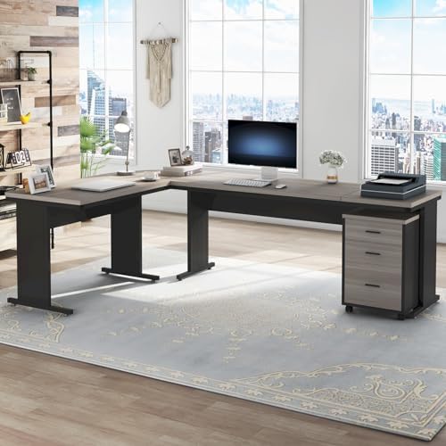 Tribesigns 83" L-Shaped Executive Desk, Large Office Desk with Drawes, Industrial Corner Computer Table with File Cabinet, Business Workstation for Home Office (Gray, 83") - Image 3