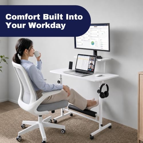 Small Rolling Desk with Wheels, Adjustable Height 27"-43.3" Portable Standing Desk, 31.5"x15.7" Tabletop, Mobile Laptop Computer Table for Home Office Workstation, White - Image 2