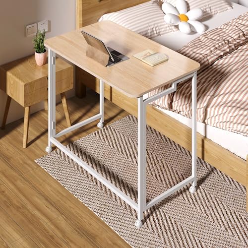 4NM 31.5" Mobile Small Rolling Computer Desk, Folding Laptop Cart Table with Wheels, Portable Office Desk for Small Space Couch Bed - Natural and White - Image 2