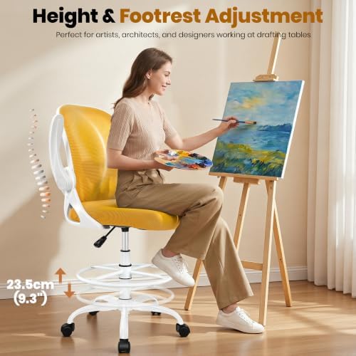 Primy Drafting Chair Tall Office Chair with Flip-up Armrests Executive Ergonomic Computer Standing Desk Chair with Lumbar Support and Adjustable Footrest Ring (Mustard) - Image 6