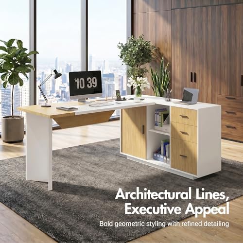 74.4" L-Shaped Executive Desk, Large Office Desk, White + Light Wood - Image 3