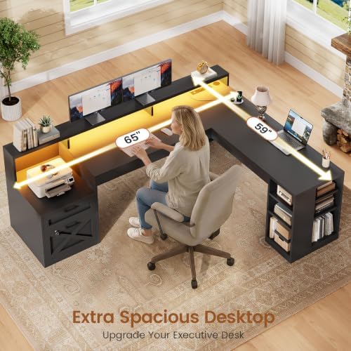 SEDETA 65"x59" L Shaped Gaming Desk with Lock Drawers Storage for Office - Image 6