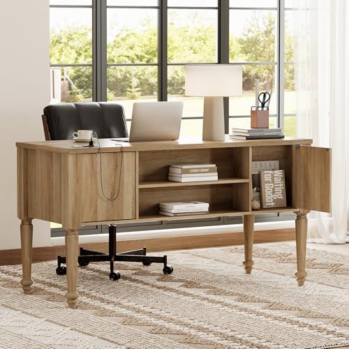 WAMPAT Farmhouse Executive Desk with Drawers, 56 Inch Writing Desk, Oak - Image 4