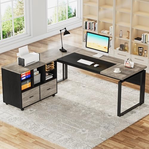 Tribesigns L-Shaped Executive Desk with Reversible File Cabinet, 63" Office Desk with Storage Drawers, L-Shaped Computer Desk with Drawer Cabinet for Hanging Letter Size Files (Gray & Black) - Image 5