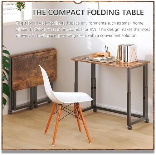 4NM No Tool Assembly 31.5" Small Desk, Folding Portable Desk with Wheels, Adjustable Height Foldable Computer Home Office Desks, Collapsible Study Writing Table for Space Saving Bedroom - Rustic Brown - Image 3