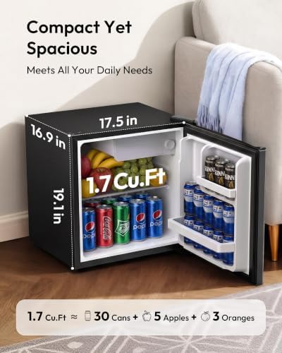 EUHOMY 1.7 Cu.Ft Mini Fridge, Reversible Door Compact Refrigerator, Black - Image 2