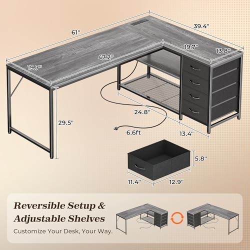 PRAISUN 53" L Shaped Desk with Power Outlets & 4 Drawers - Image 2
