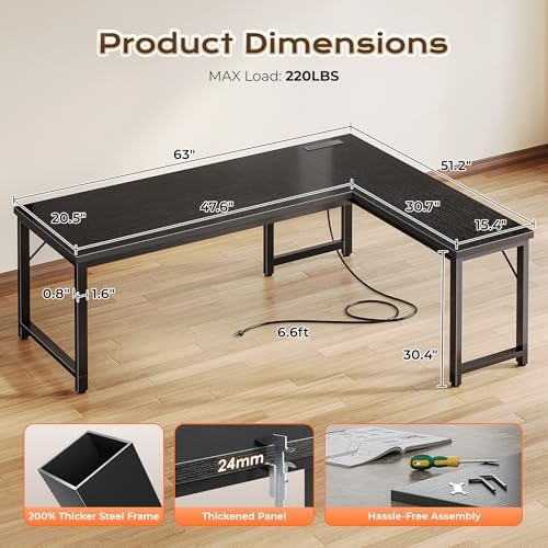 Huuger 63 Inch L Shaped Desk with Power Outlets & 0.95 Inch Thicker Desktop - Image 3