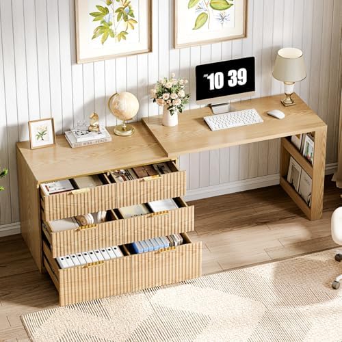 Ieejdn Computer Desk with 6 Drawers, 78" Modern Writing Desk with 0.98" Thickened Desktop & Storage Shelves, Adjustable Direction & Extendable Executive Office Desk Study Table for Home Office, Oak - Image 3