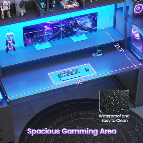 SEDETA Gaming Desk with LED Lights, 8 Drawers and Storage Shelves, Black - Image 6