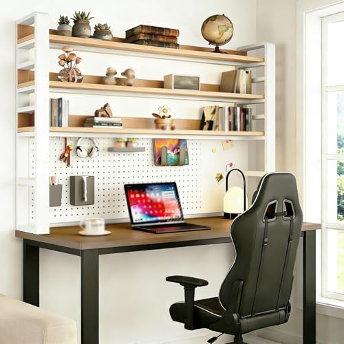 2/3/4 Tier Desk Hutch, Freestanding Desktop Bookshelf, Metal Desk Shelf with Pegboard, Desk Shelves for Top, for Dorm Office and Home(White+Light Walnut,53 * 9 * 49in) by ZUGIATP