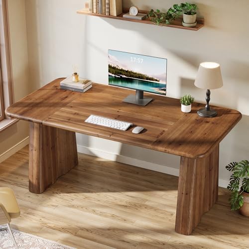 63-Inch Solid Wood Executive Desk, Large Office Computer Desk with Heavy Duty Legs, Simple Study Writing Table Business Workstation for Home Office, Bedroom, Vintage Brown - Image 6