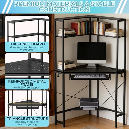 Corner Desk with Hutch and LED Light, Keyboard Tray, Carbon Black - Image 3