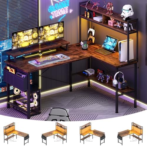 Aheaplus L Shaped Gaming Desk with Power Outlets & LED Lights, Rustic Brown by Aheaplus