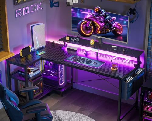 ODK 48 Inch L Shaped Gaming Desk with LED Lights, Power Outlets, Black - Image 2