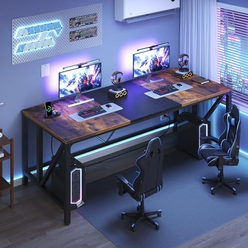 YATINEY 70.9" Computer Desk with Power Outlets, Gaming Desk, Large Office Executive Desk Workstation, Business Furniture for Home Office, Study, Rustic Brown and Black DN18UBR - Image 2