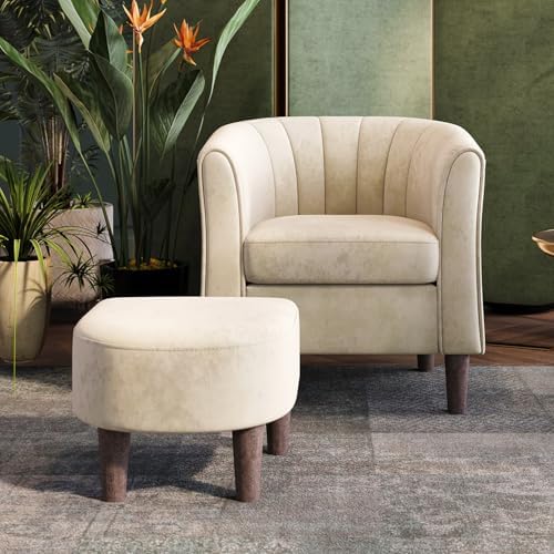 LINSY Accent Chair with Ottoman, Modern Barrel Chair Small Armchair Reading Chair with Footrest, Comfy Round Arms Chair for Living Room Bedroom Reading Room, Velvet, Beige by Linsy