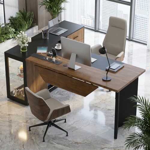 74.4" L-Shaped Executive Desk, Large Office Desk, Black + Dark Wood - Image 4