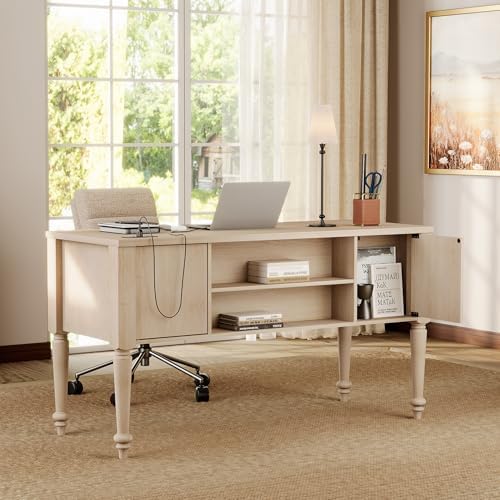 WAMPAT Wood Executive Desk with 5 Drawers & Charging Station, Beige, 56" - Image 4