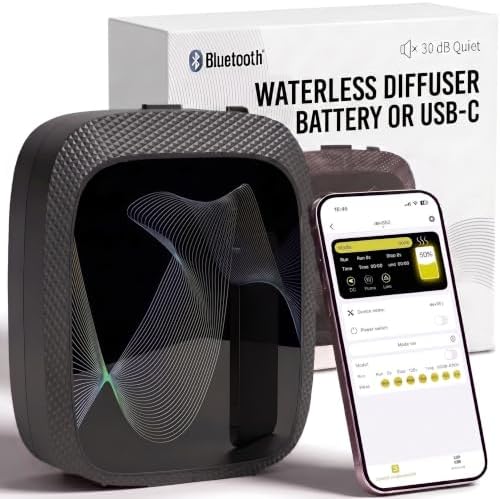 Waterless Essential Oil Diffuser, Cold Air Scent Diffuser Machine for Home & Office, Bluetooth App & Manual Control, USB-C or D Battery Powered, Wall Mount or Tabletop, Black by WelcometoFrantis