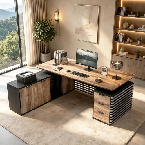 Electric Height Adjustable Executive Desk, Luxury L-Shaped Office Desk with Storage Cabinet & Charging Station, Solid Thickened Desktop, 78" Modern CEO Workstation for Home Office & Corporate Office by SAINTCY