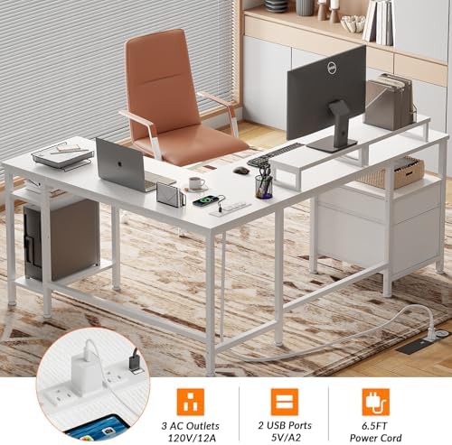 Furologee White 59” L Shaped Desk with Power Outlet, Reversible Computer Desk with File Drawer & 2 Monitor Stands, Corner Home Office Table with Storage Shelves for Gaming Writing - Image 6