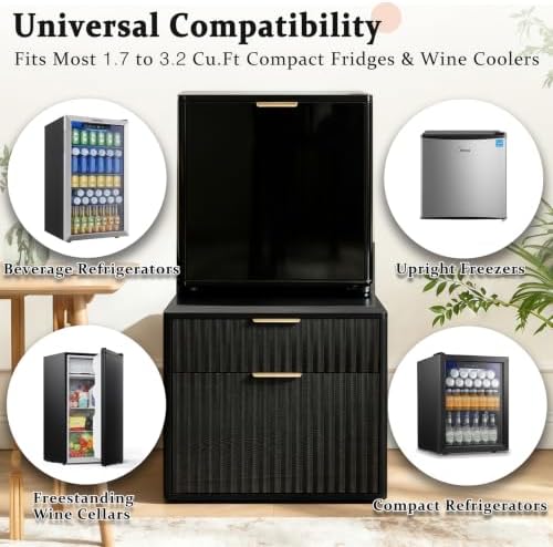 Mini Fridge Stand with Storage, Fluted Mini Fridge Cabinet with 2 Drawers, Wood Refrigerator Table Stand for College Dorm Room, Home Office & Bedroom, Black, 22.4" W - Image 5