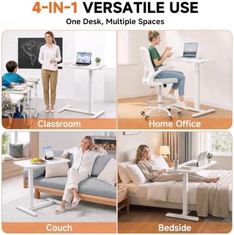 GTPLAYER Small Standing Desk with Hidden Wheels, Pneumatic Mobile Rolling Laptop Desk, Adjustable Height Overbed Bedside Table Computer Workstation for Home Office (32" W x 16" D, Pure White) - Image 5