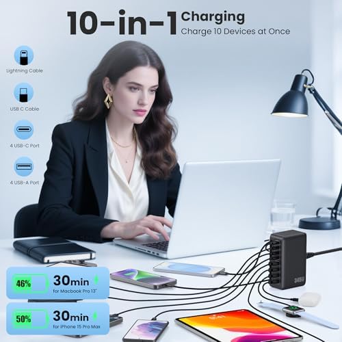 345W USB C Charger 10 in 1 Retractable Wall Charger with 2 Cables,GaN 6 USB C Charging Station Phone Charging PD Laptop Charger Adapter for MacBook Pro/Air,DELL,iPhone17/16/15,Galaxy S24,Android etc - Image 3