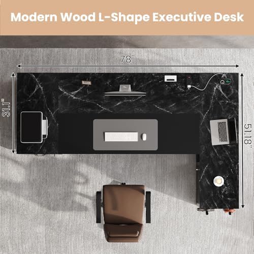78" Executive Desk with Lockable File Cabinet, L Shaped Office Desk with Power Outlets, Large Executive Desk with Drawers and Storage Shelves, Reversible Computer Desk, Marble Grain - Image 2