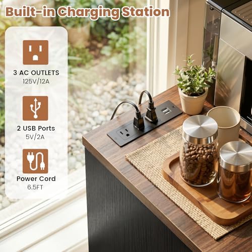 Unikito Coffee Bar Cabinet with Mini Fridge Space & Power Outlet, Black - Image 3
