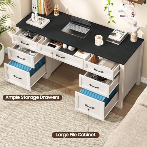 Vabches Farmhouse Executive Desk, Wood Home Office Desk with 2 Large File Drawers and 5 Storage Cabinets, Rustic Writing Desk for Work and Study, Black - Image 5
