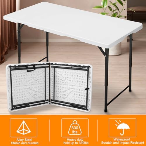 4ft Folding Table, Portable Fold-in-Half Adjustable Height Utility Table for Indoor/Outdoor Use, Durable HDPE & Steel, Stable & Lightweight, Multi-Purpose, White - Image 6